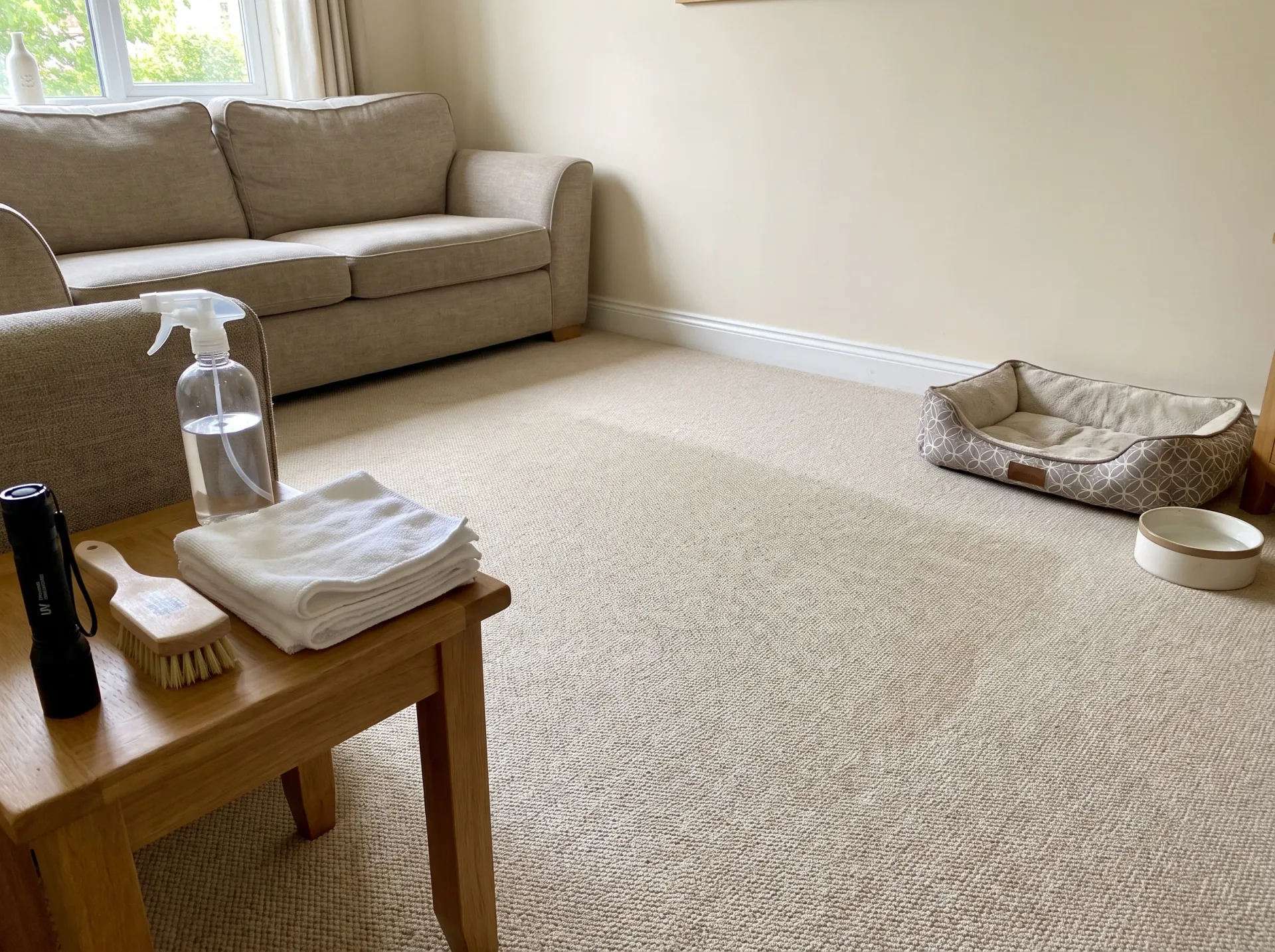 Spotless living room carpet and clean sofa after professional domestic carpet and upholstery cleaning