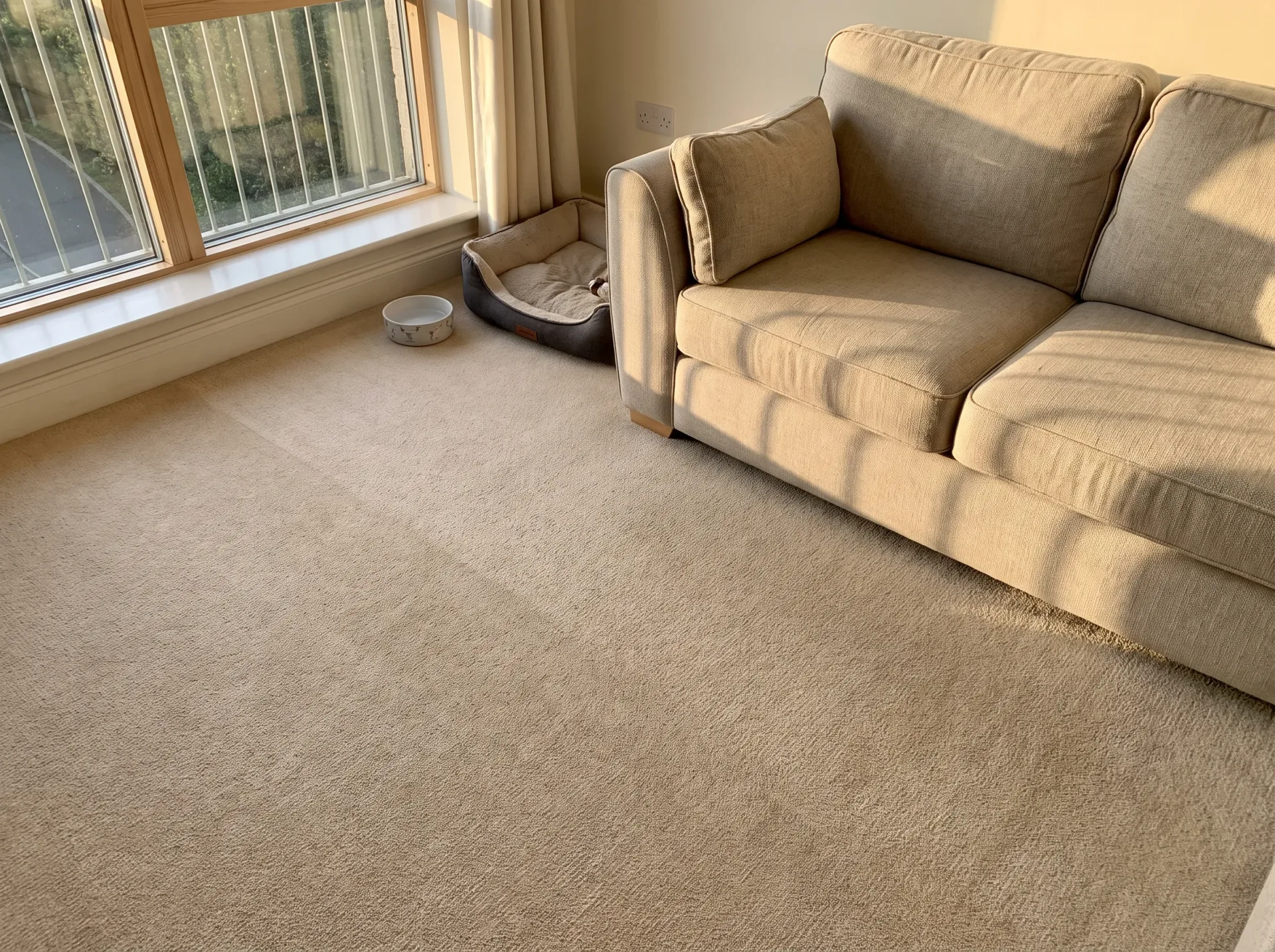 Spotless beige domestic carpet in bright living room beside upholstered sofa