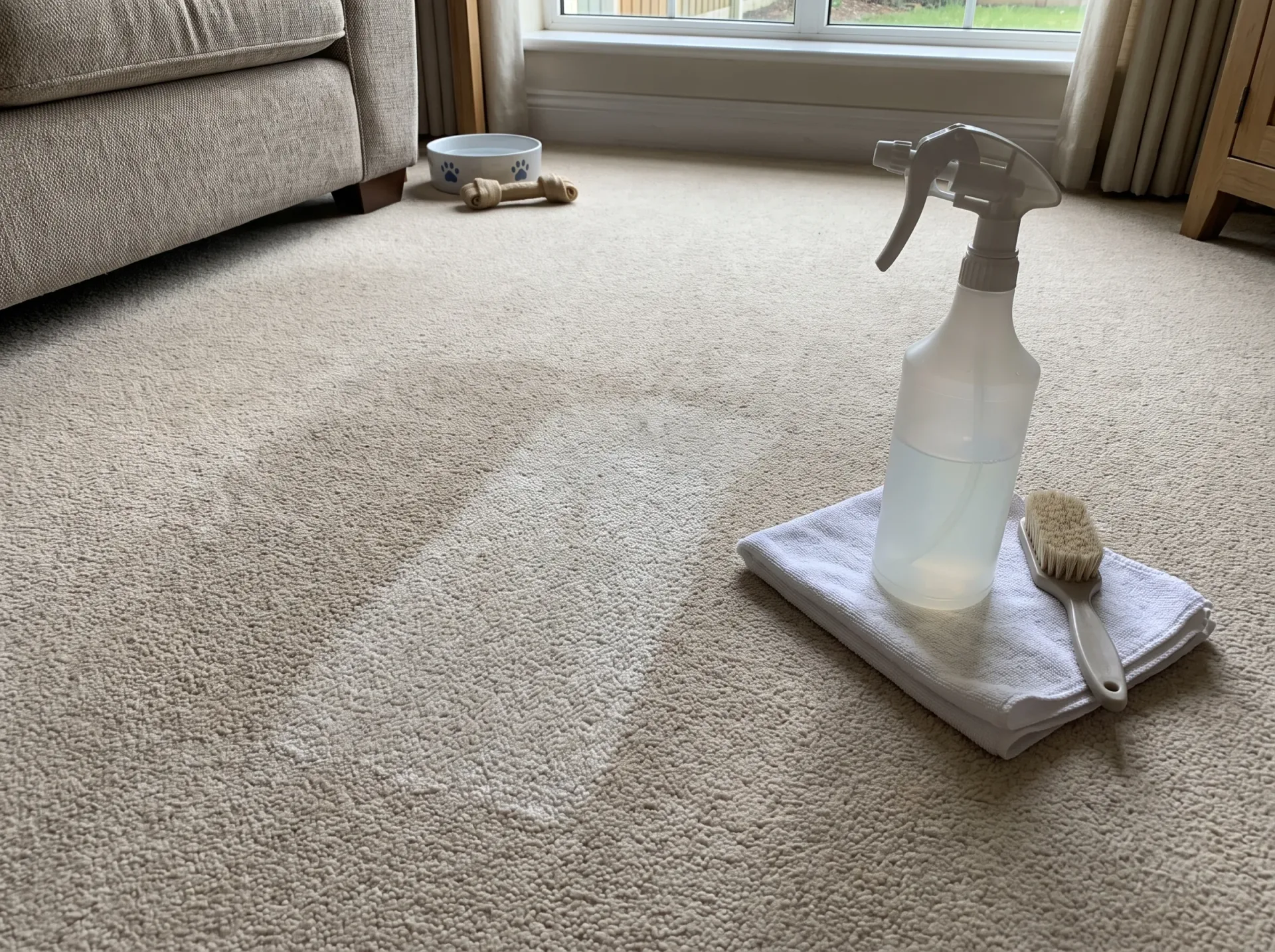 Carpet Stain Removal tools: spray bottle and brush on treated carpet in living room