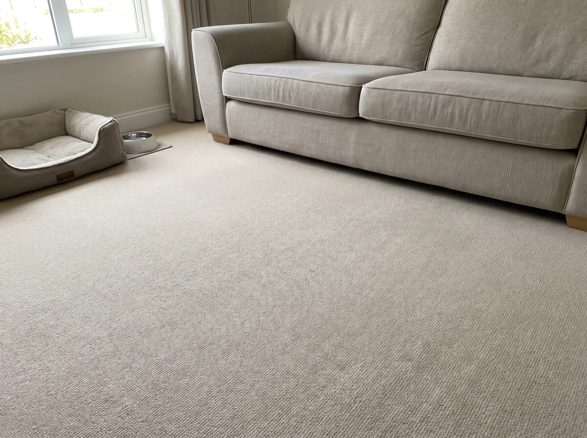 Clean beige upholstered sofas and light carpet in bright interior