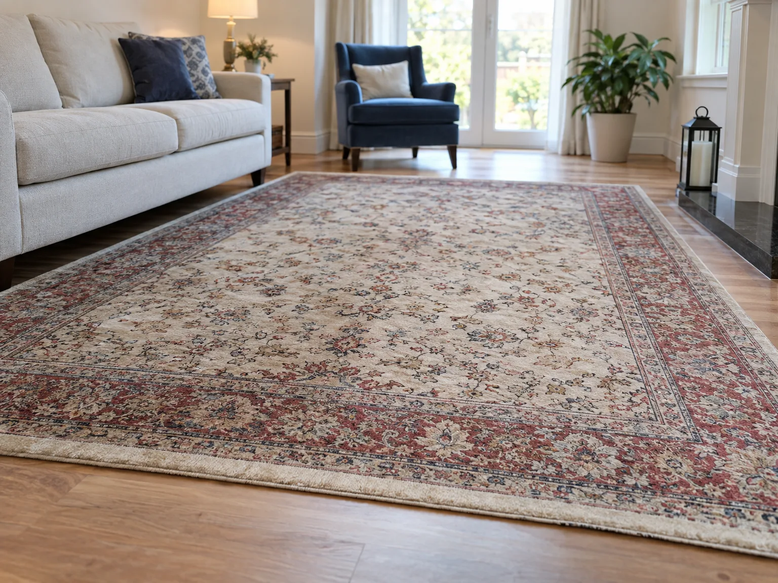 Professionally cleaned Oriental area rug with decorative pattern in elegant living space