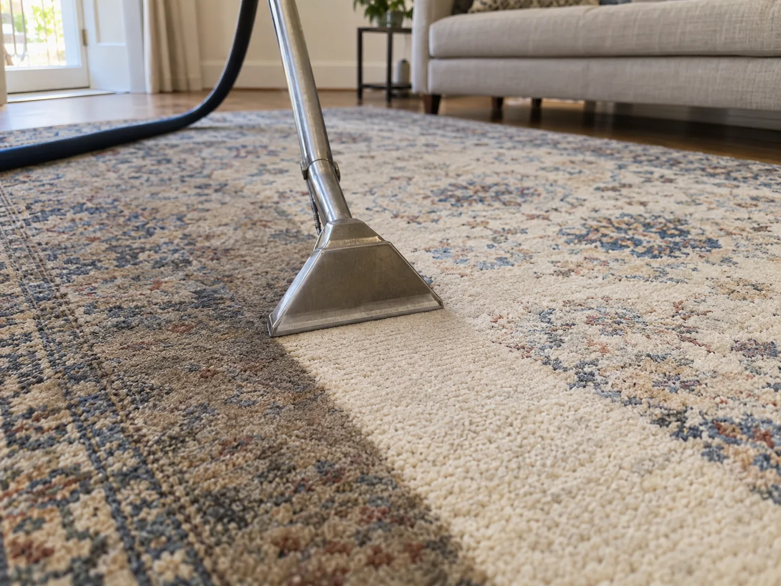 Professional carpet cleaning using hot water extraction equipment on patterned floor
