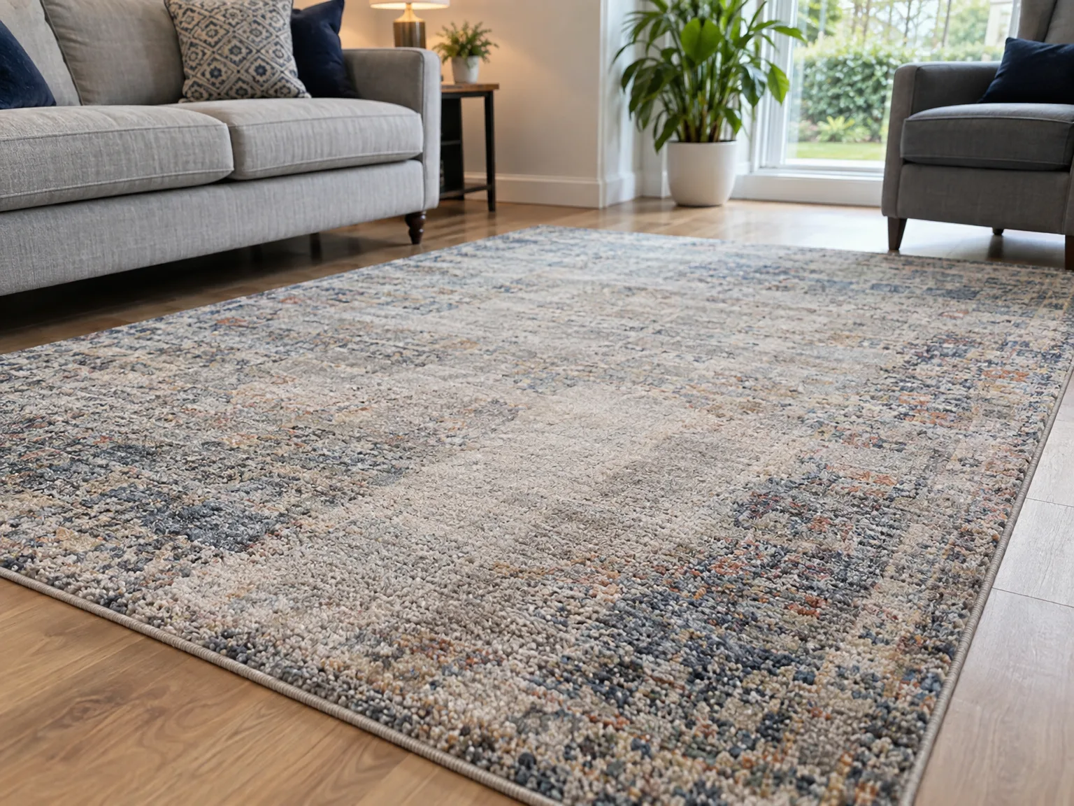 Clean beige and grey patterned rug in modern living room with upholstered sofas and wood flooring