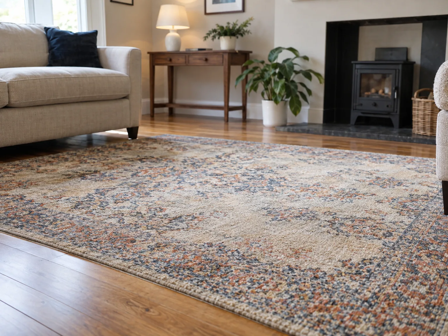 Professionally cleaned oriental rug in bright modern living room with elegant furnishings