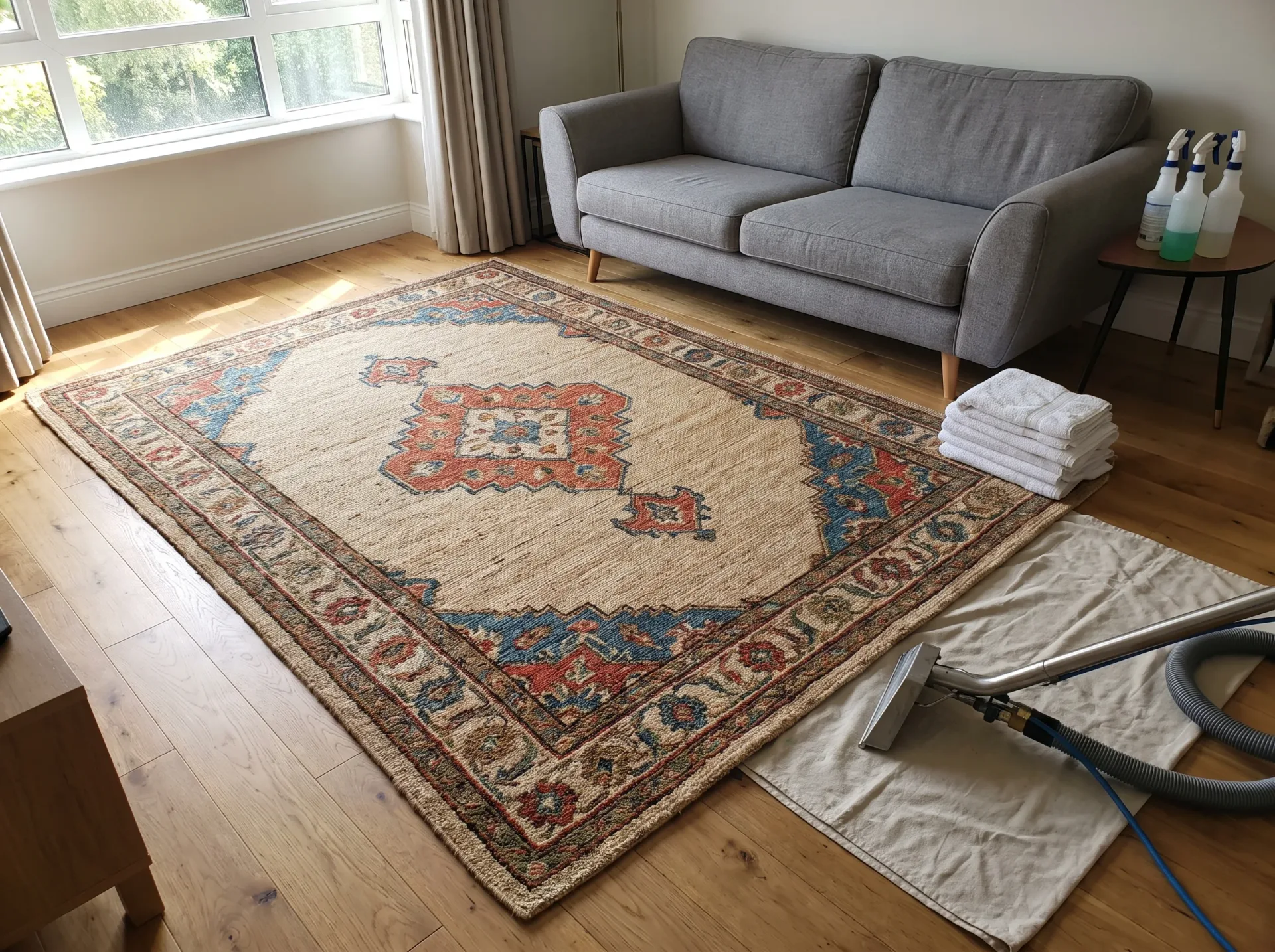 Oriental rug undergoing professional hot water extraction cleaning in a home interior setting