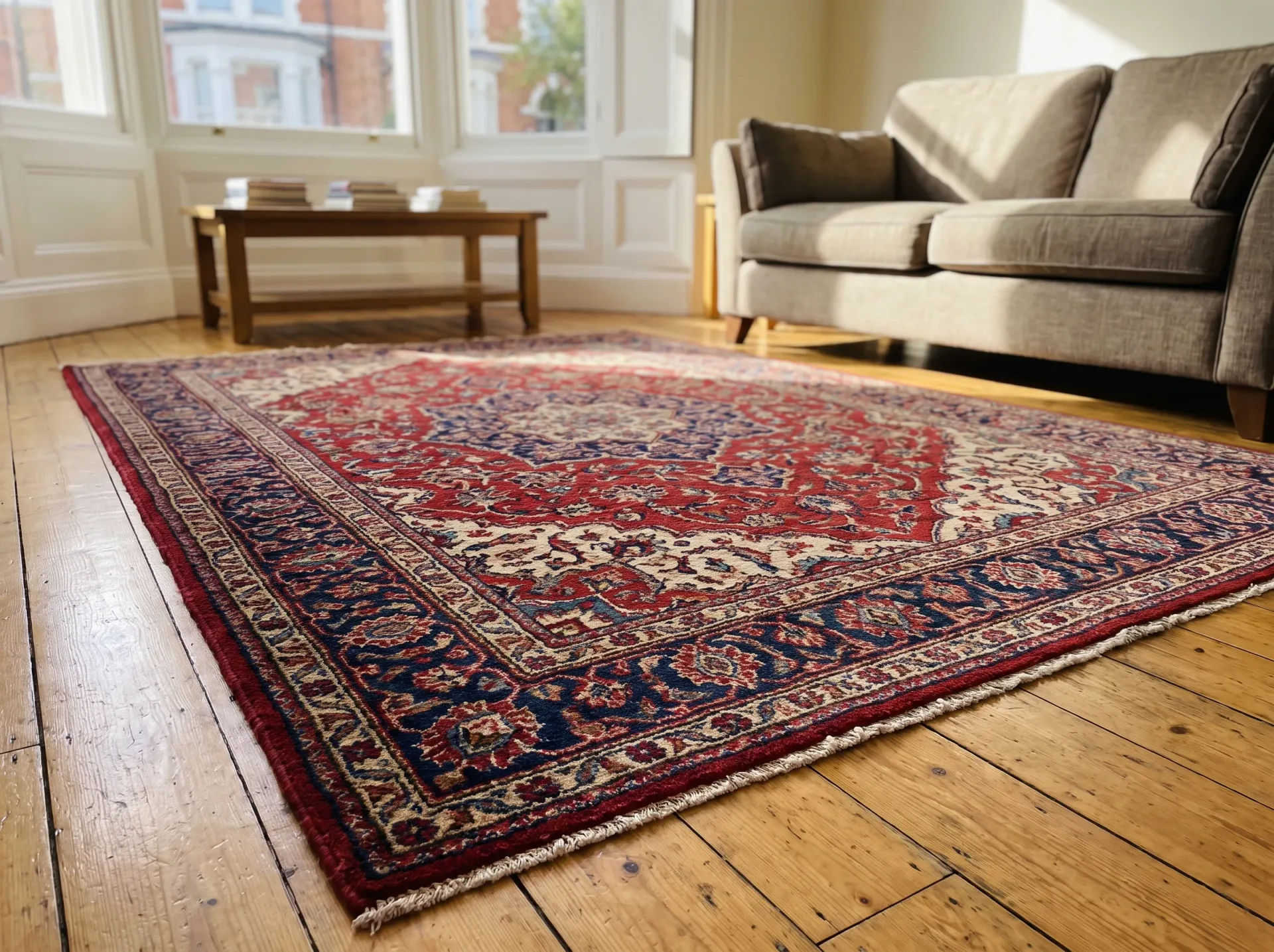 Oriental rug with intricate red and blue patterns in a bright living room with sofa and wooden floor