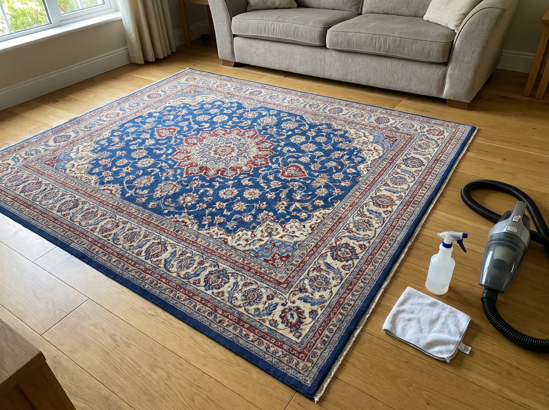 Blue oriental rug during professional cleaning service with extraction machine and supplies