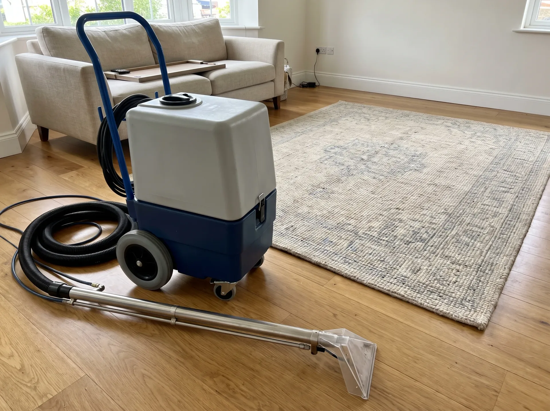 Professional carpet cleaning equipment with hot water extraction in home