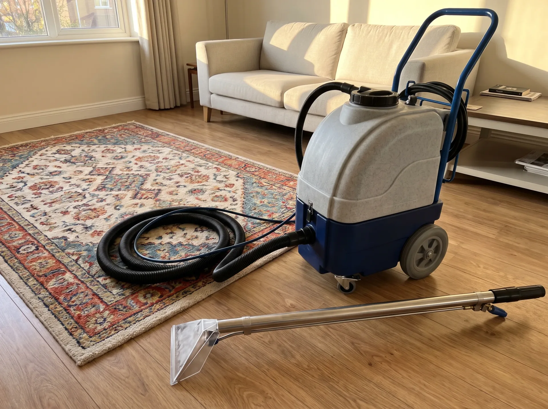 Hot water extraction equipment cleaning an ornate oriental rug on wooden floor
