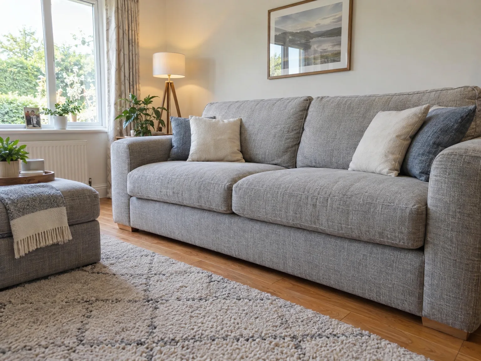 Professionally cleaned gray upholstered sofa in modern living room