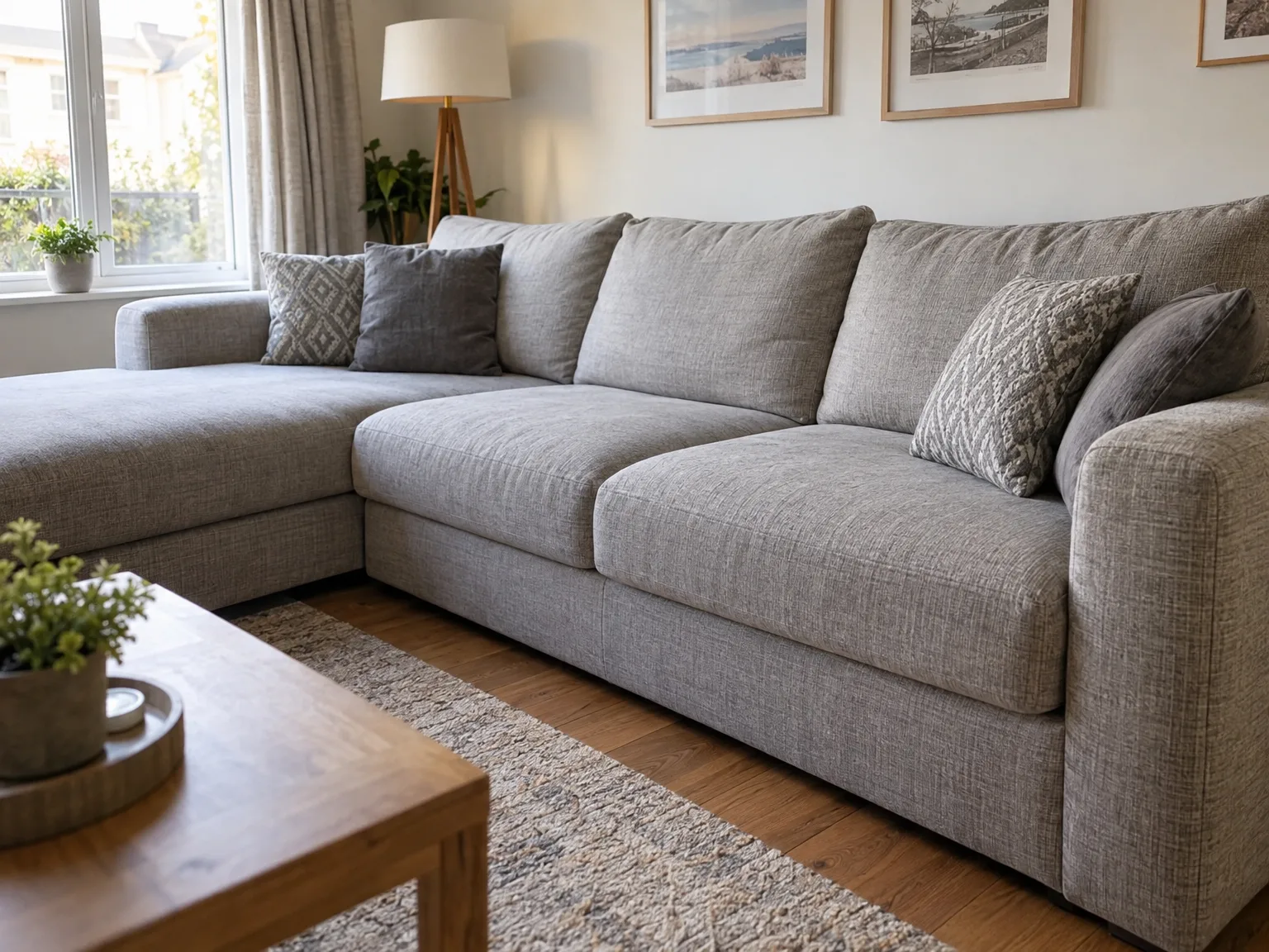 Clean gray upholstered sectional sofa in bright modern living room setting