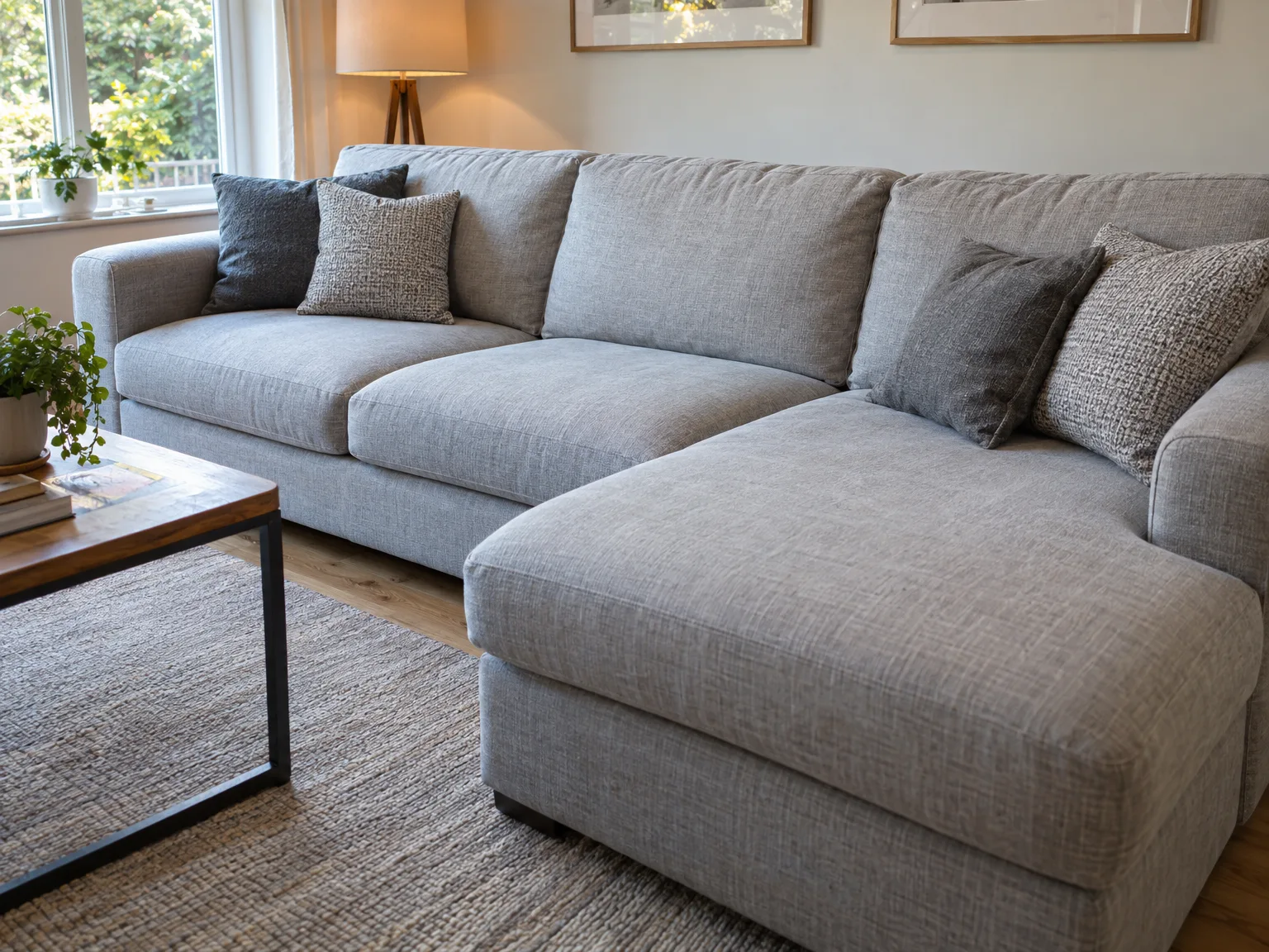 Professionally cleaned gray upholstered sectional sofa with decorative pillows in bright living room