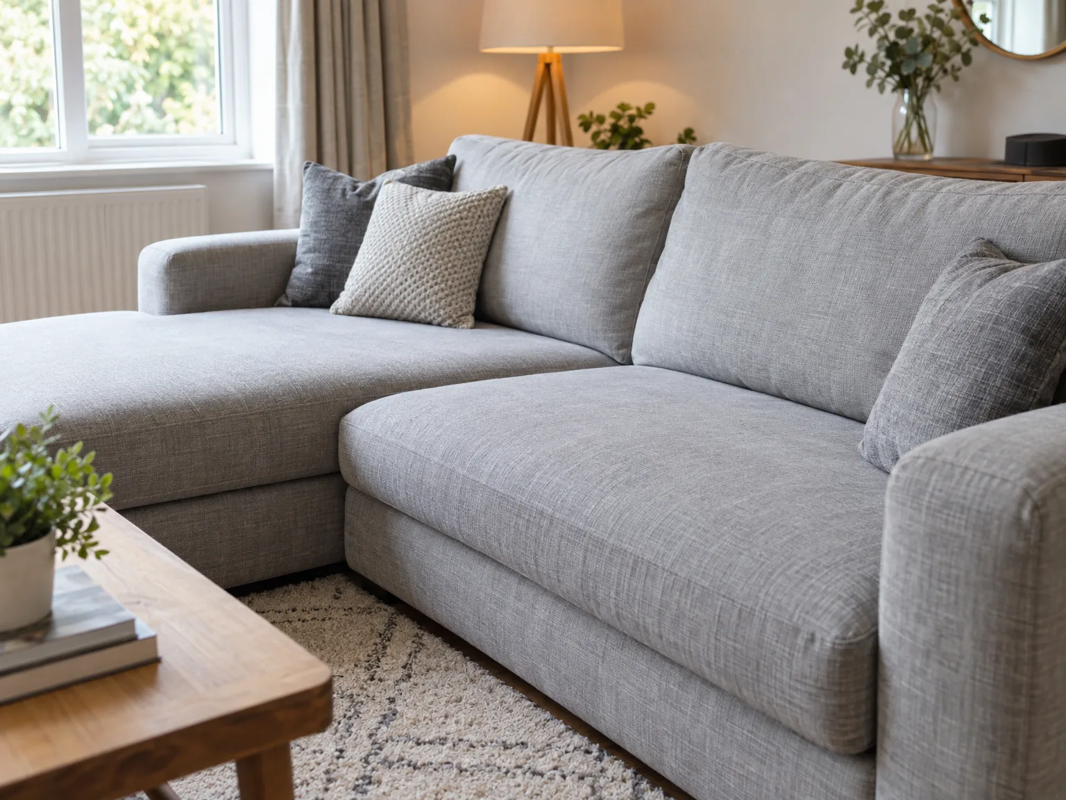 Clean gray upholstered corner sofa with decorative cushions and area rug
