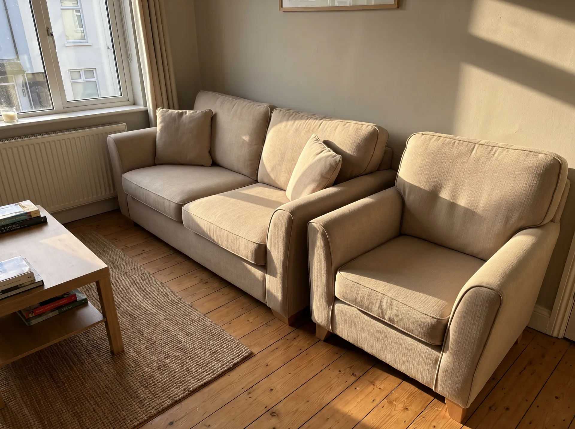 Pristine beige sofa and armchairs in bright room with wooden floor and rug