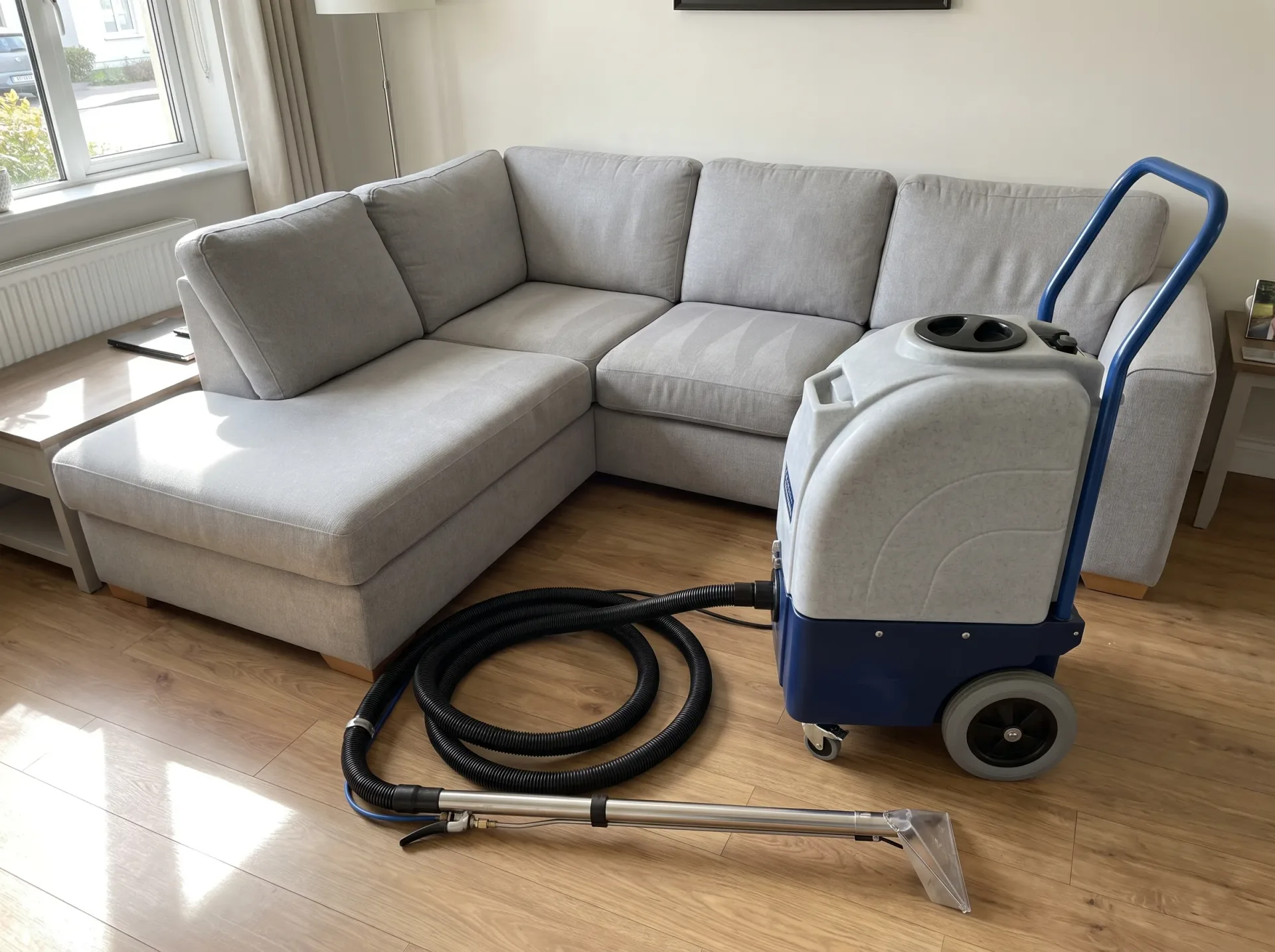 Professional carpet and upholstery cleaning equipment positioned next to grey sectional sofa