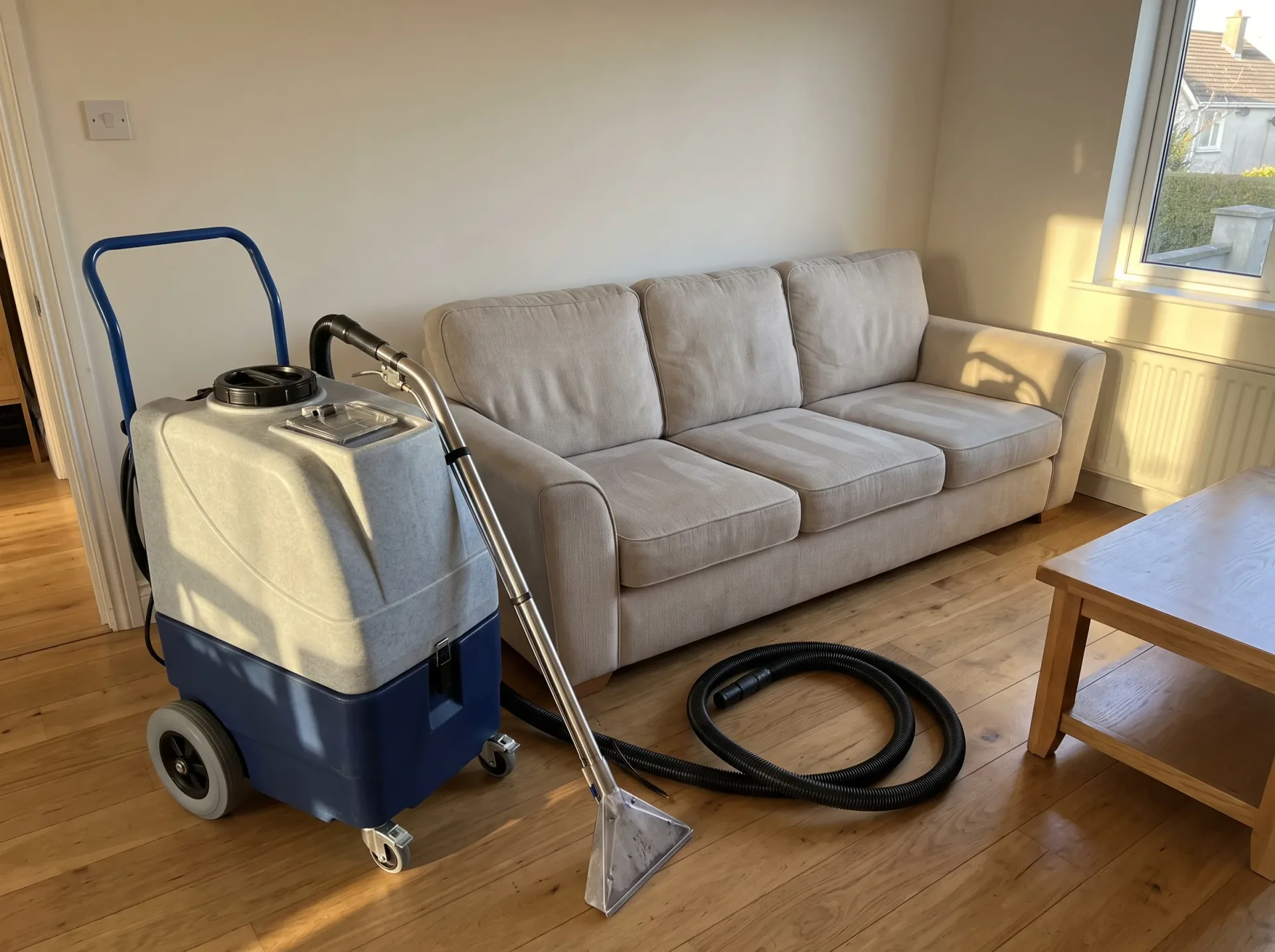 Professional sofa and carpet cleaning equipment with extraction hose positioned in front of gray upholstered sofa in residential room