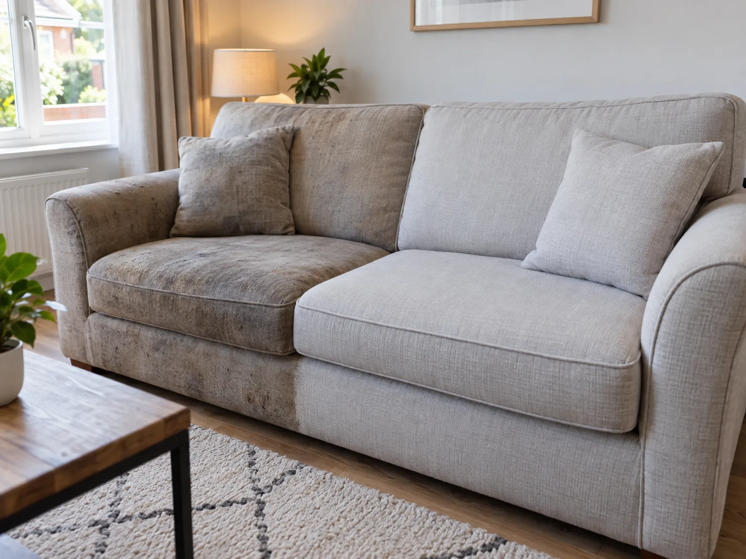 Beige upholstered two-seater sofa with cushions in modern bright living room