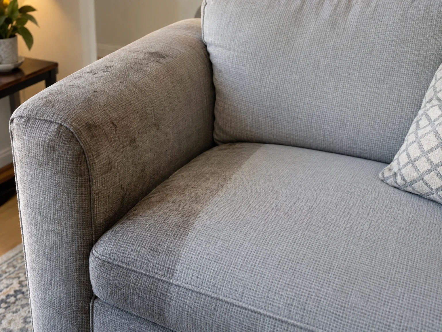 Stained grey upholstered armchair showing need for professional upholstery cleaning