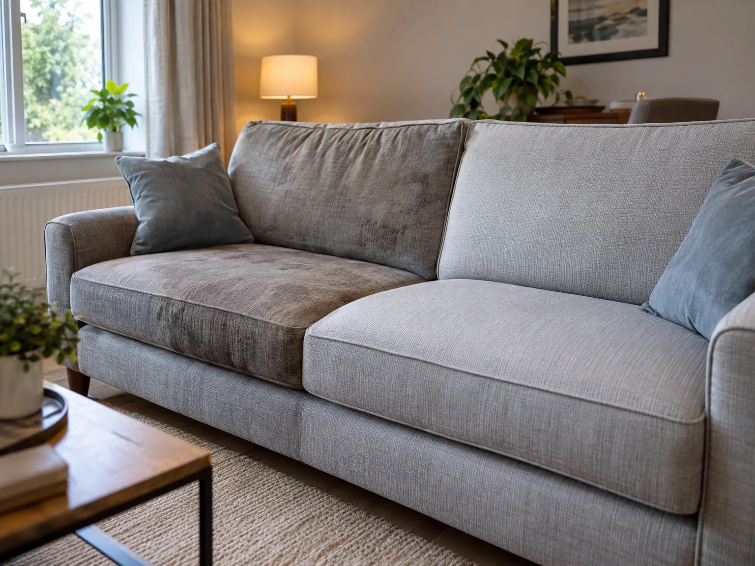 Gray upholstered sofa with visible stains and soil marks on cushions requiring sofa cleaning