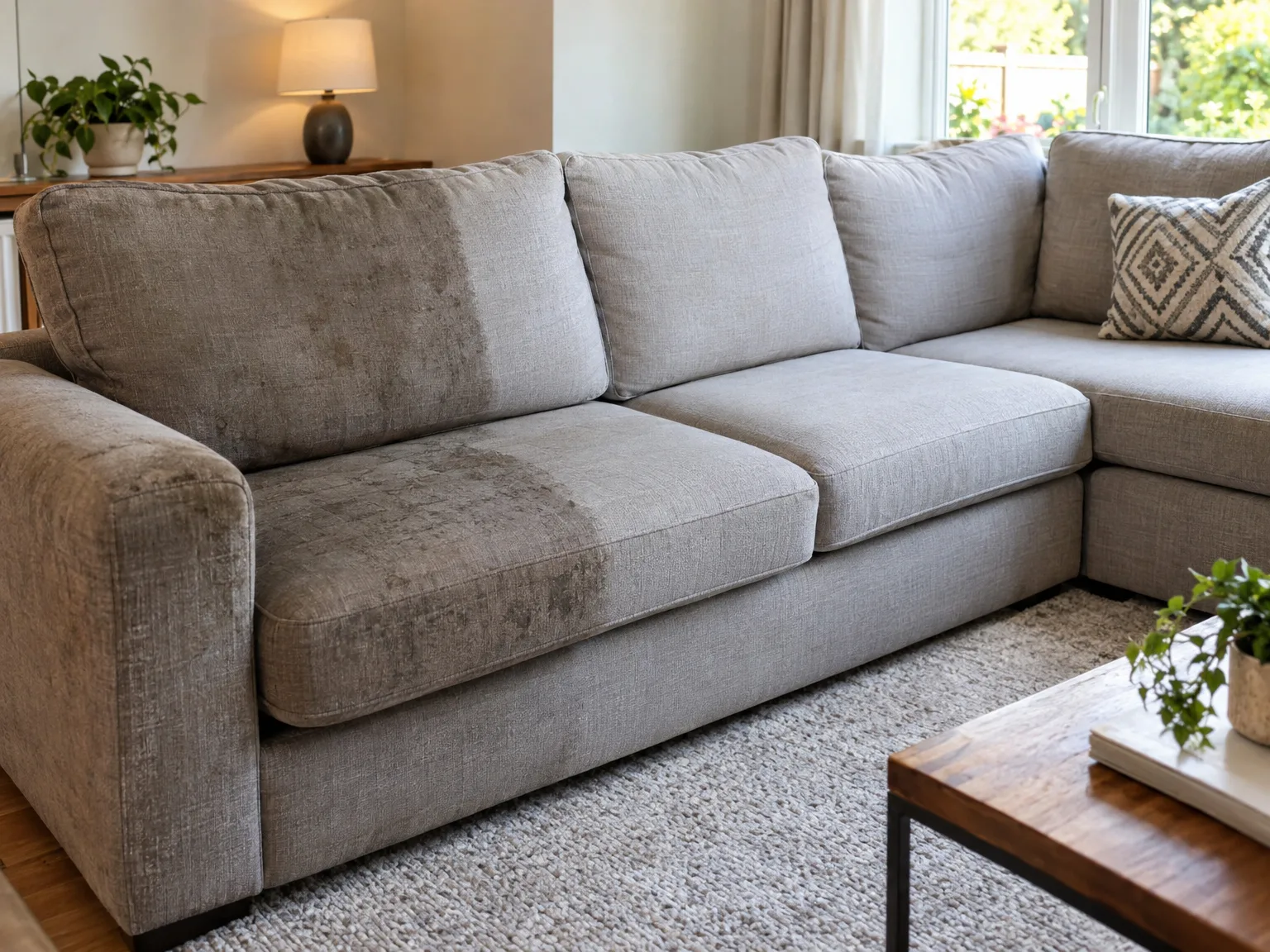 Professional sofa cleaning results: clean beige upholstered sectional in modern home