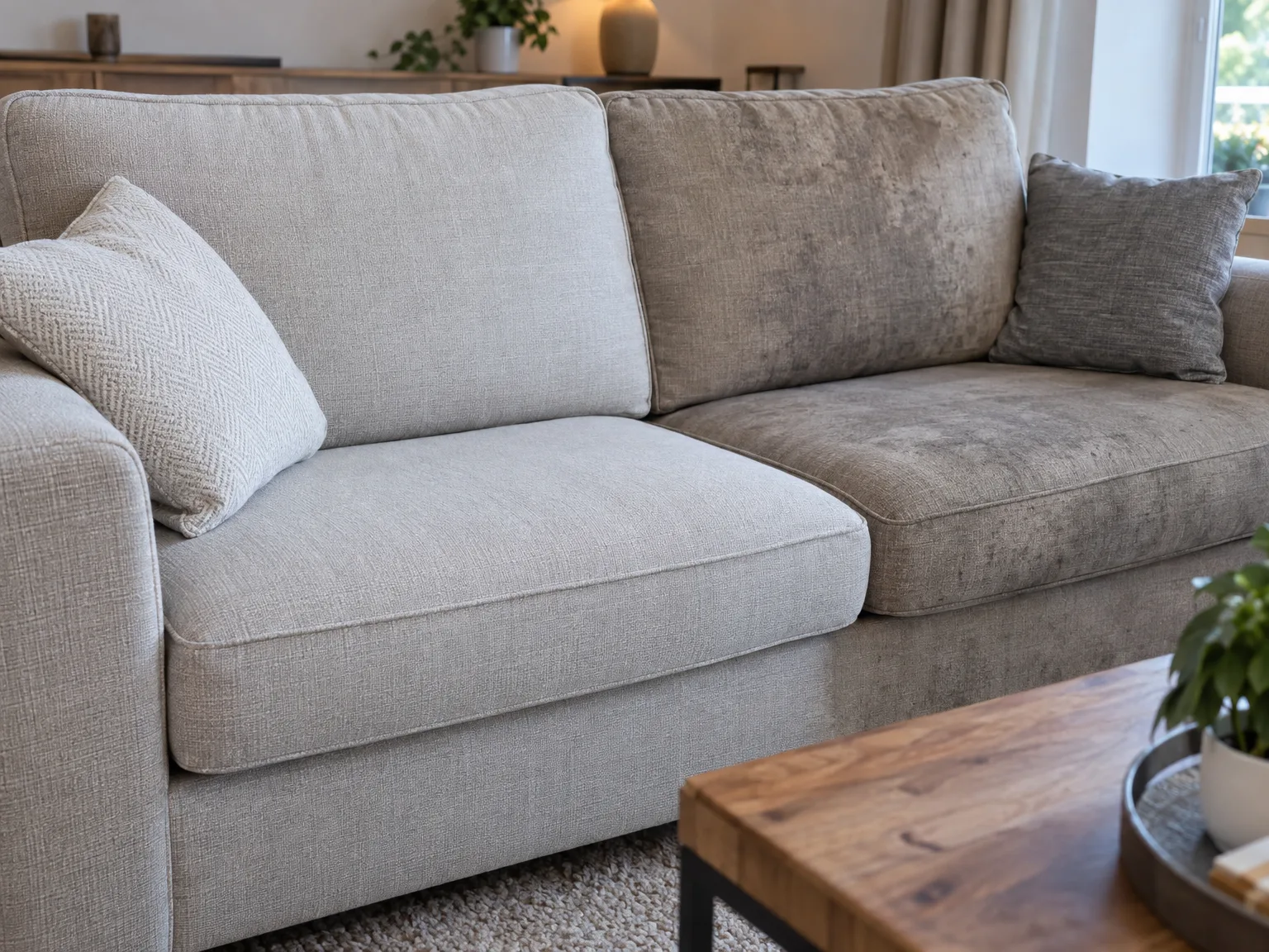 Beige fabric sofa with visible stains and discoloration marks on cushions needing professional cleaning