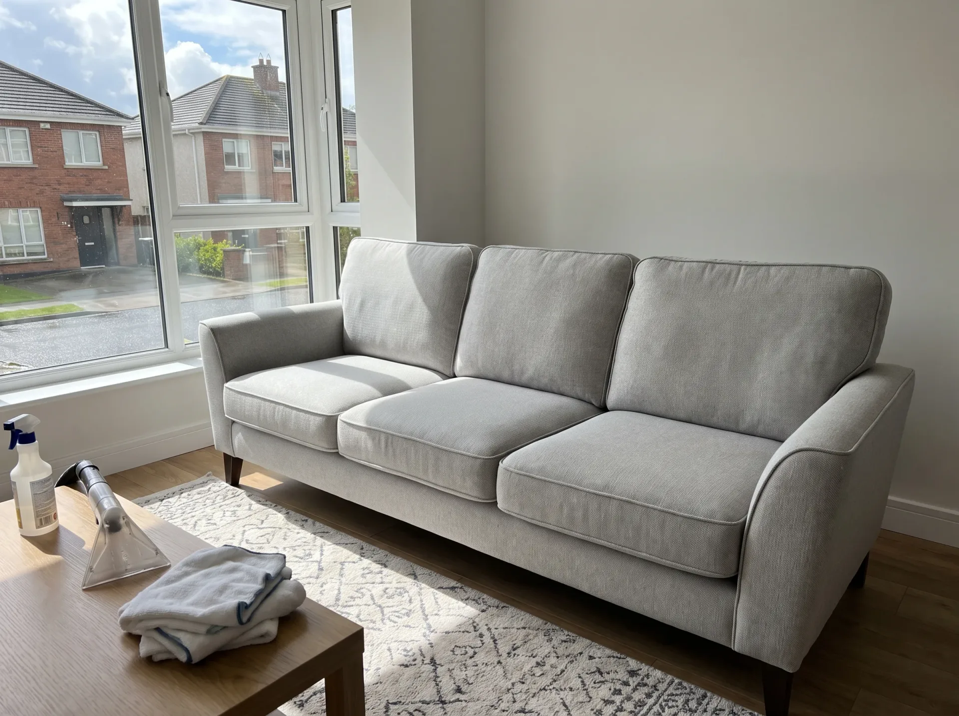 Clean gray upholstered sofa in bright living room with cleaning supplies on table