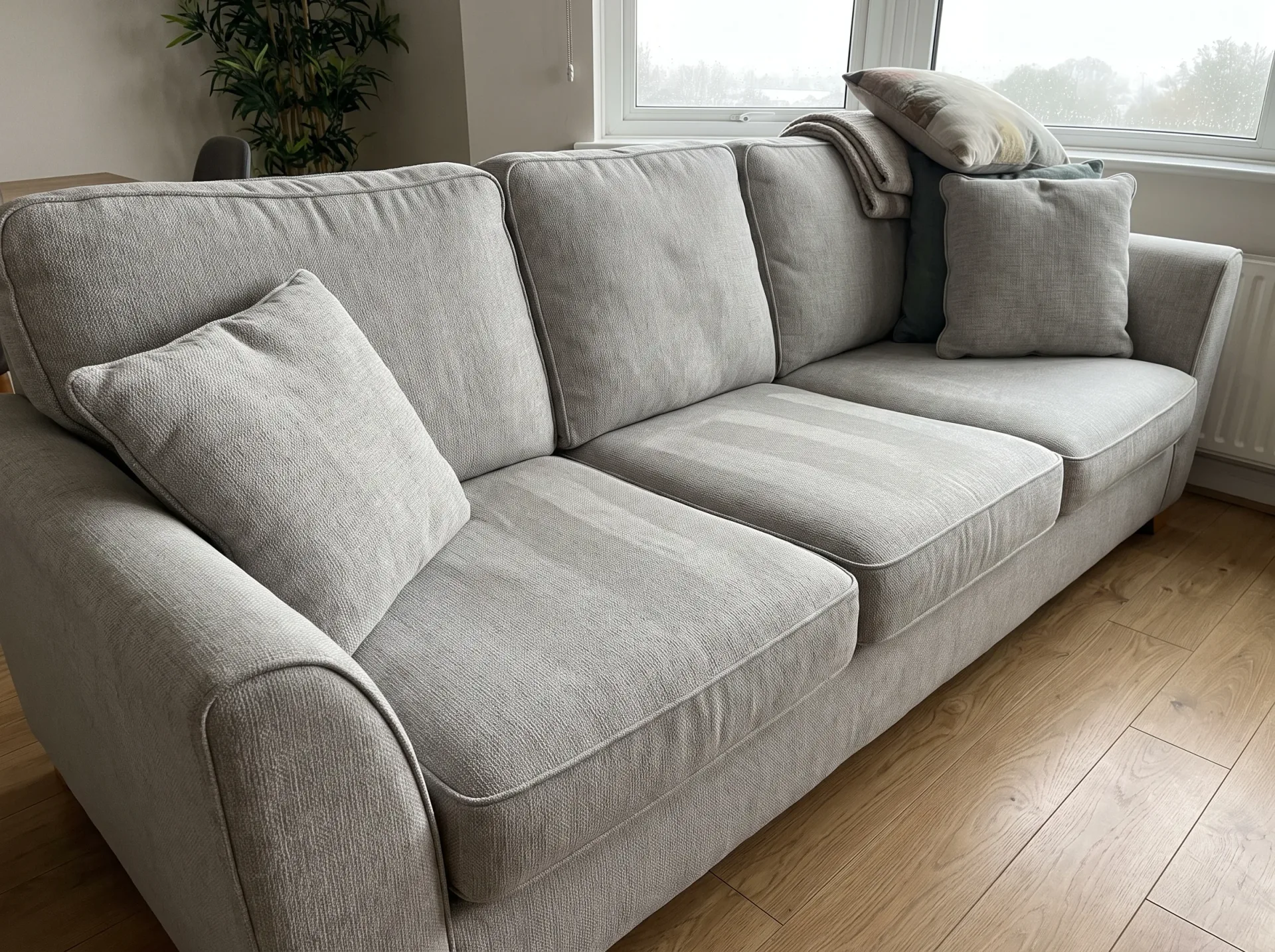 Clean grey upholstered sofa with cushions in bright living room, sofa cleaning