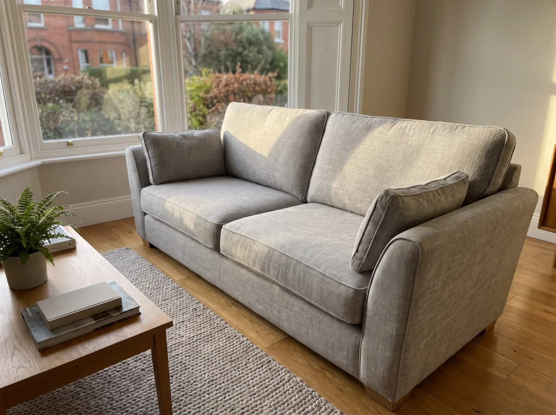 Freshly cleaned beige sofa upholstery in bright modern living room with natural light