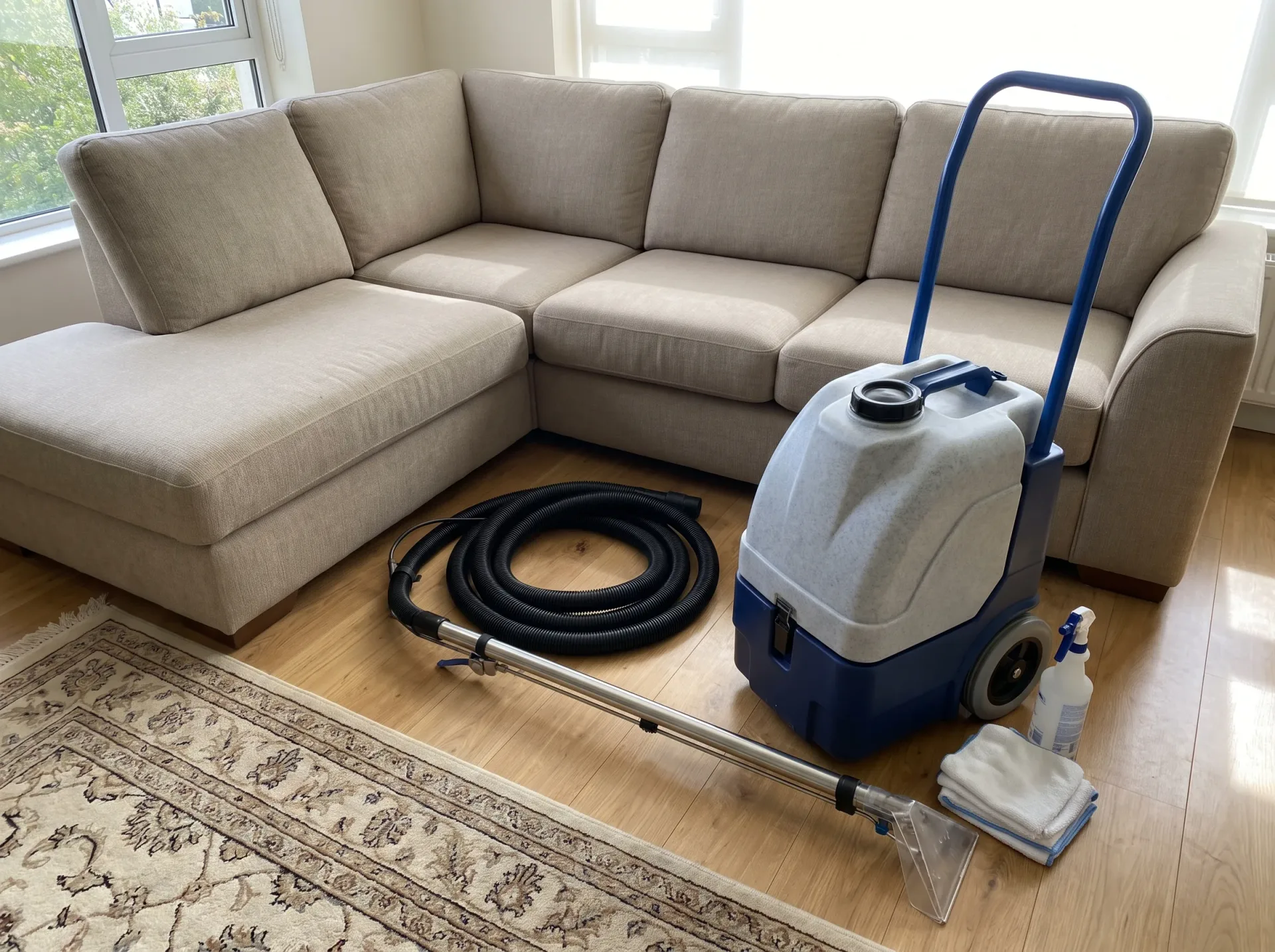 Professional Sofa Cleaning with hot water extraction equipment beside a freshly cleaned beige sectional